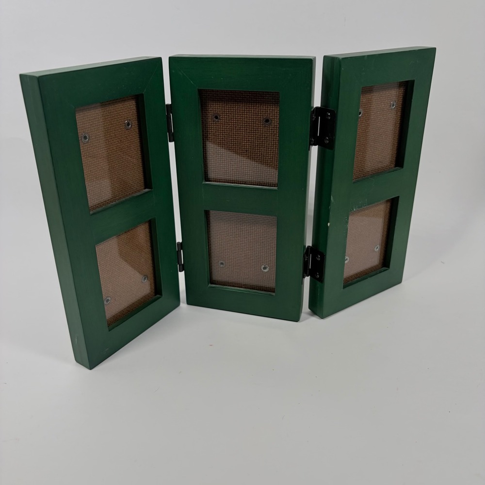 Green Wood Tri-Fold Picture Frame 6 Opening Hinged Cottagecore Tabletop Decor